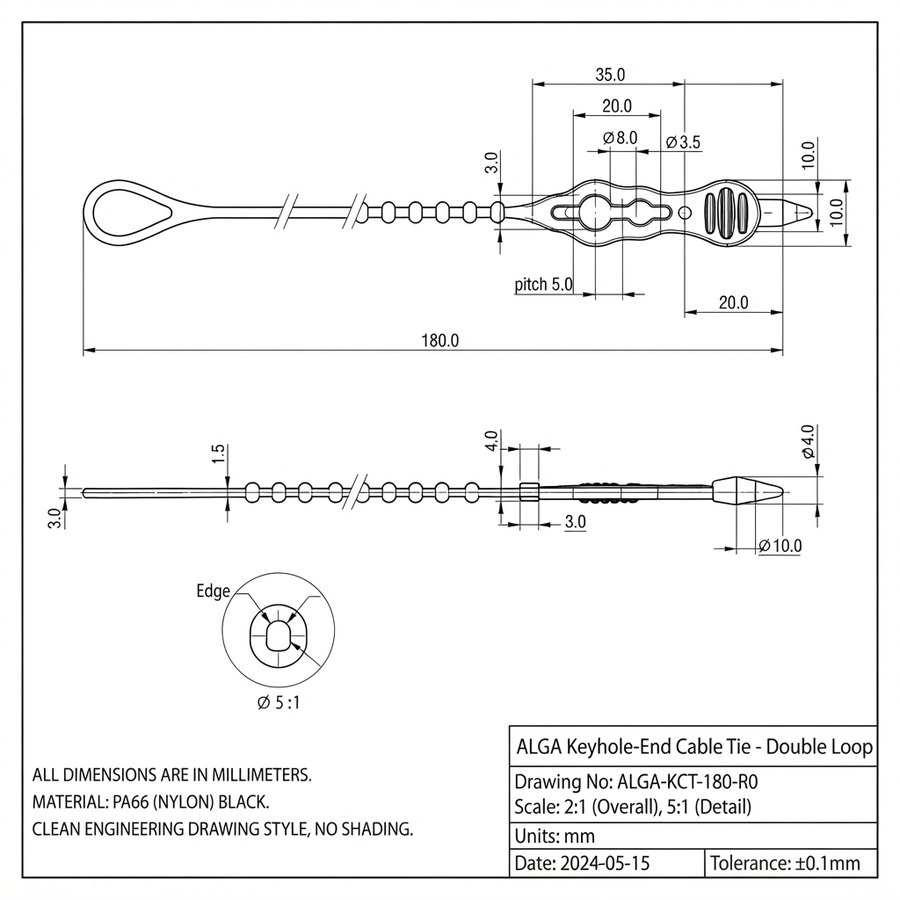 D-Loop Bead Ties — technical drawing