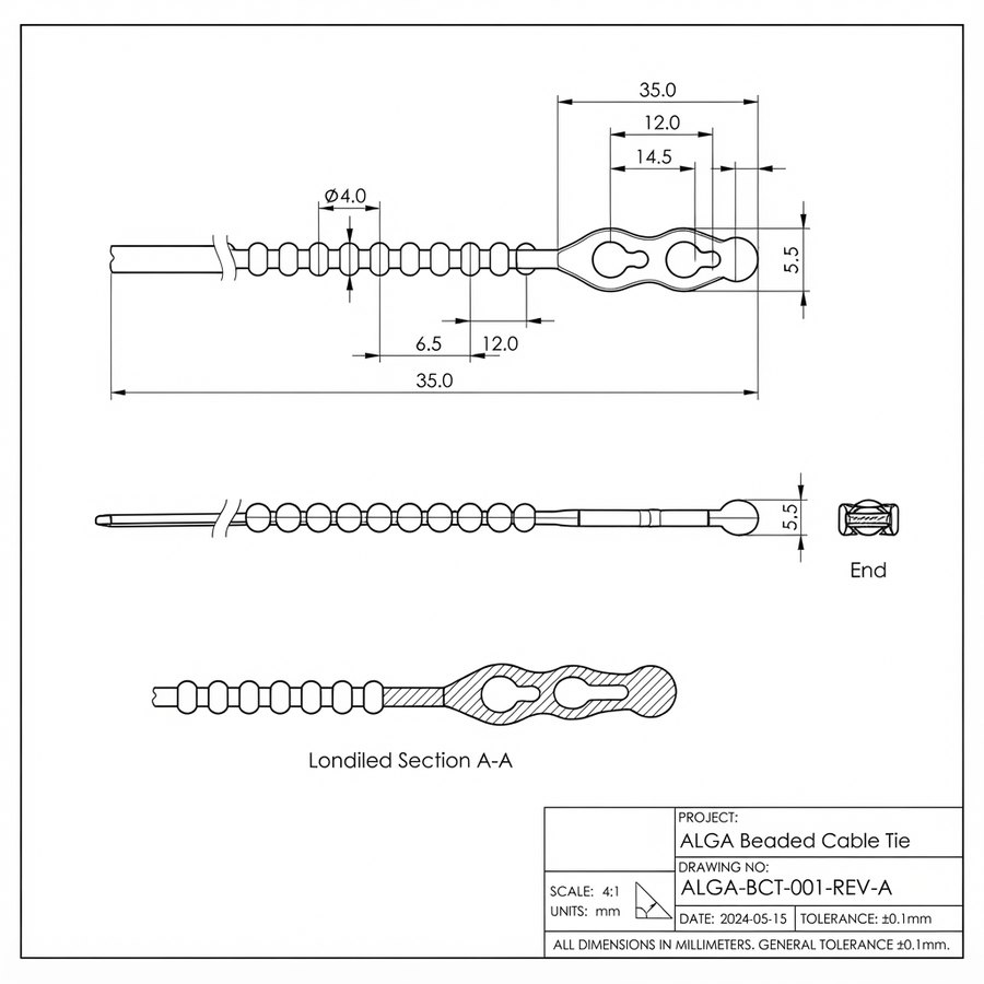 D-Beaded Ties (PE) — technical drawing