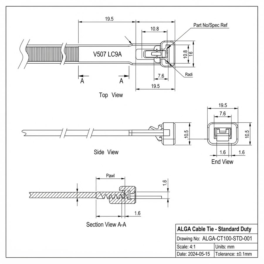 Reusable Ties — technical drawing